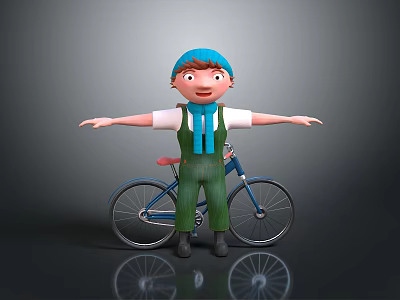 Man in Green Overalls Blue Cap Standing with Arms Outstretched Next to Blue Bicycle 3d model