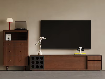 Modern Walnut TV Stand with Drawers Circular Cutouts and White Flower Vase in Living Room 3d model