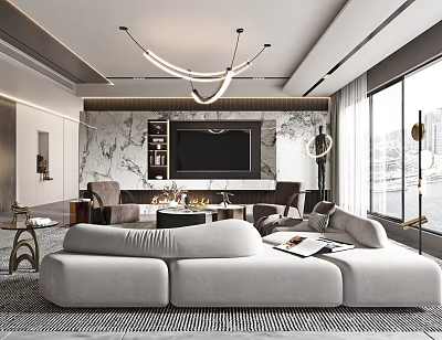 Modern Living Room Interior Design With Grey Sofa TV Wall Marble Texture And Chandelier 3d model
