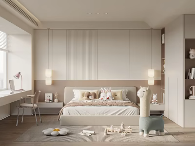 Cozy Modern Bedroom Interior With Bed Pillows Stuffed Toys Desk Chair And Camel Toy 3d model