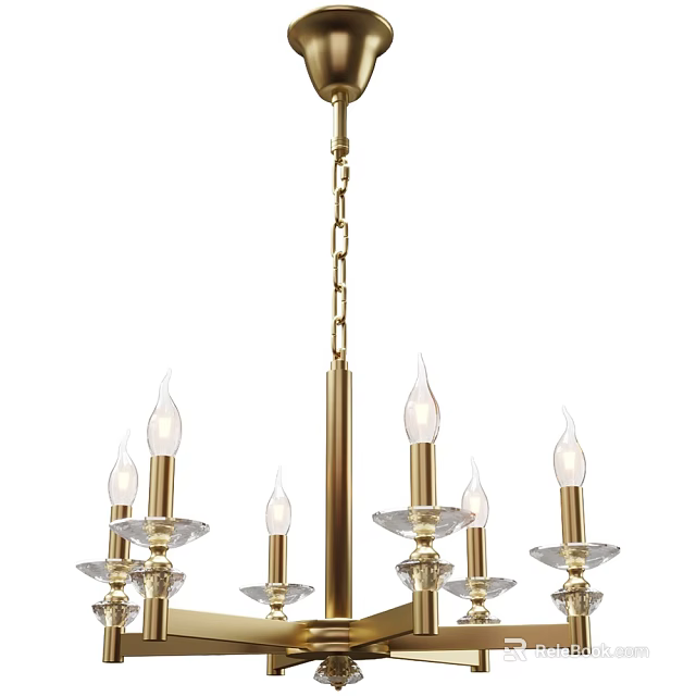 Elegant Brass Chandelier With Candle Shaped Lights Glass Bases And Golden Chain 3d model 