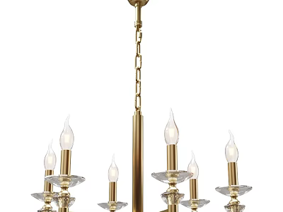 Elegant Brass Chandelier With Candle Shaped Lights Glass Bases And Golden Chain 3d model