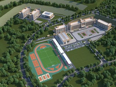 School Buildings Complex With Sports Field Greenery Track And Classroom Facilities 3d model