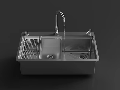 Stainless Steel Double Bowl Kitchen Sink With Faucet And Drainer Rack 3d model
