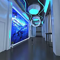 Futuristic Hallway With Large Blue Tech Mural Circular Ceiling Lights And Person 3d model