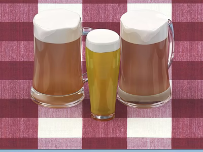 Three Different Beer Drinks On Checkered Tablecloth 3d model Three Different Beer Drinks On Checkered Tablecloth 3d model