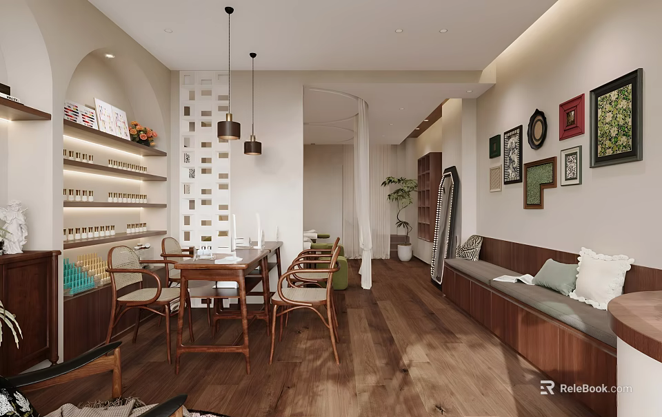Elegant Beauty Hair Salon Space With Styling Tools Product Displays And Client Seating 3d model 