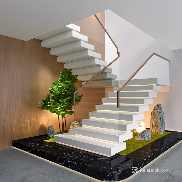 Modern Staircase With Glass Handrail Wooden Wall Green Plants Stone Decorations And Lit Steps 3d model 