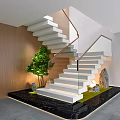 Modern Staircase With Glass Handrail Wooden Wall Green Plants Stone Decorations And Lit Steps