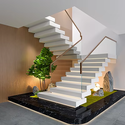 Modern Staircase With Glass Handrail Wooden Wall Green Plants Stone Decorations And Lit Steps 3d model