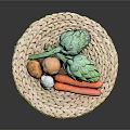 Fresh Assorted Vegetables Displayed with Carrots Onions Garlic and Artichokes on a Woven Round Mat