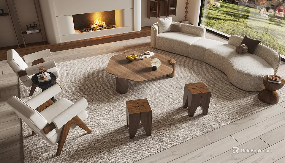 Modern Living Room Sofa And Coffee Table Set With Fireplace Natural Light And Wooden Design 3d model 