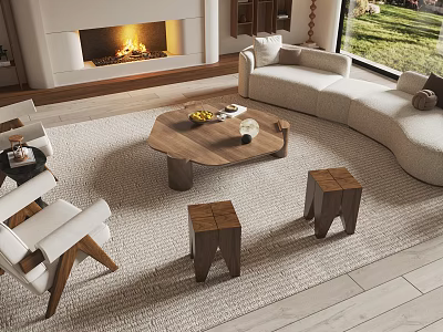 Modern Living Room Sofa And Coffee Table Set With Fireplace Natural Light And Wooden Design 3d model