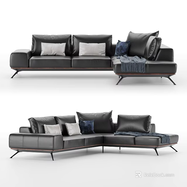 Modern Black Leather Sectional Sofa With Multiple Pillows And Throw Blanket 3d model