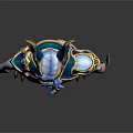 Fantasy Character With Mythical Creature Horned Design Blue And Gold Armor Tight-Fitting Outfit Glowing Weapons