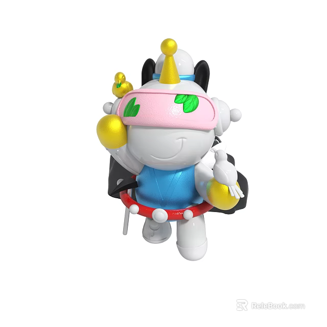 Cute Cartoon Character With Pink Headband Green Leaves Yellow Cone Blue Vest And Yellow Balls 3d model 