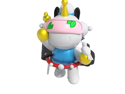 Cute Cartoon Character With Pink Headband Green Leaves Yellow Cone Blue Vest And Yellow Balls 3d model