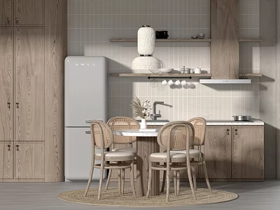 Warm Kitchen Interior With Wooden Cabinets White Refrigerator Round Table And Wicker Chairs 3d model