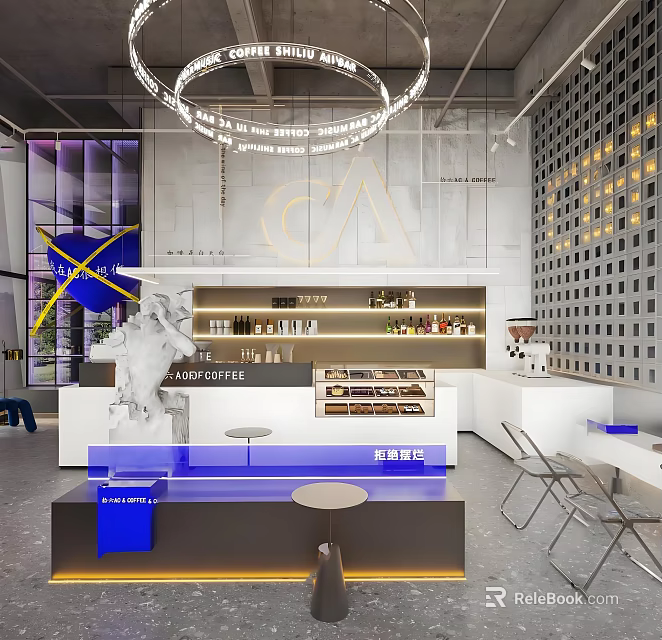 Modern Café Interior Design With Stylish Bar Lighting And Seating Area 3d model 
