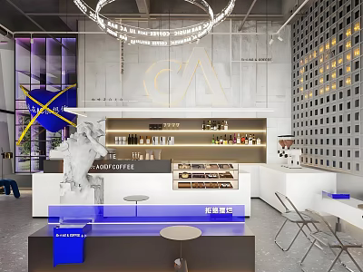 Modern Café Interior Design With Stylish Bar Lighting And Seating Area 3d model