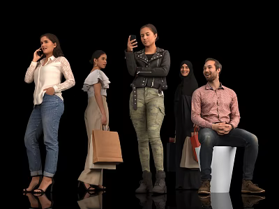 Group of People Standing Sitting Talking on Phone Holding Shopping Bags on Black Reflective Floor 3d model