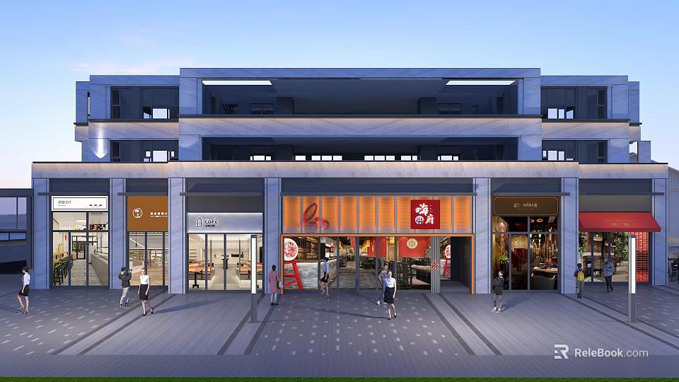 Modern Commercial Street With Multi Story Building Storefronts And Pedestrians Walking 3d model 
