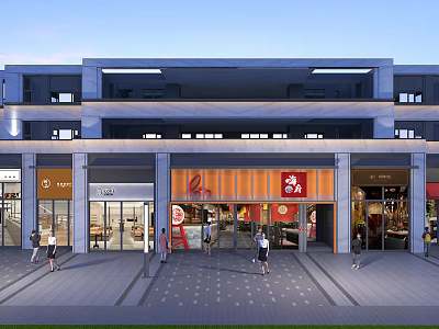 Modern Commercial Street With Multi Story Building Storefronts And Pedestrians Walking 3d model