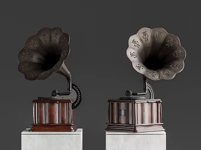 Vintage Gramophone Decorative Ornament Set With Ornate Horns Wooden Bases On White Pedestals 3d model