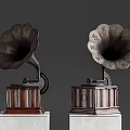 Vintage Gramophone Decorative Ornament Set With Ornate Horns Wooden Bases On White Pedestals