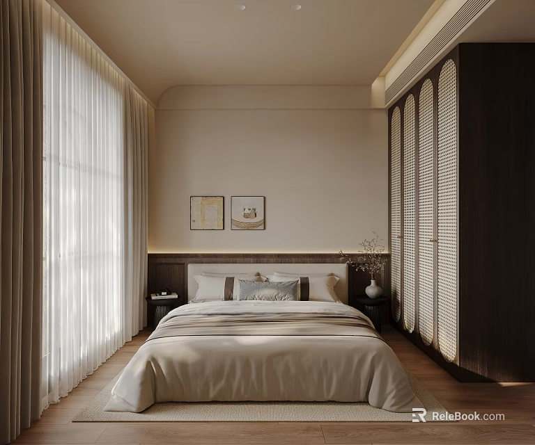 Bedroom Interior Design With Beige Bedding Two Nightstands Paintings White Curtains And Dark Wardrobe 3d model 