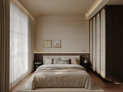 Bedroom Interior Design With Beige Bedding Two Nightstands Paintings White Curtains And Dark Wardrobe 3d model