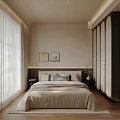 Bedroom Interior Design With Beige Bedding Two Nightstands Paintings White Curtains And Dark Wardrobe