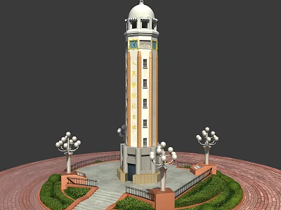 Ornate Tower Structure With White Dome Colorful Decorations Street Lamps And Circular Pavement 3d model
