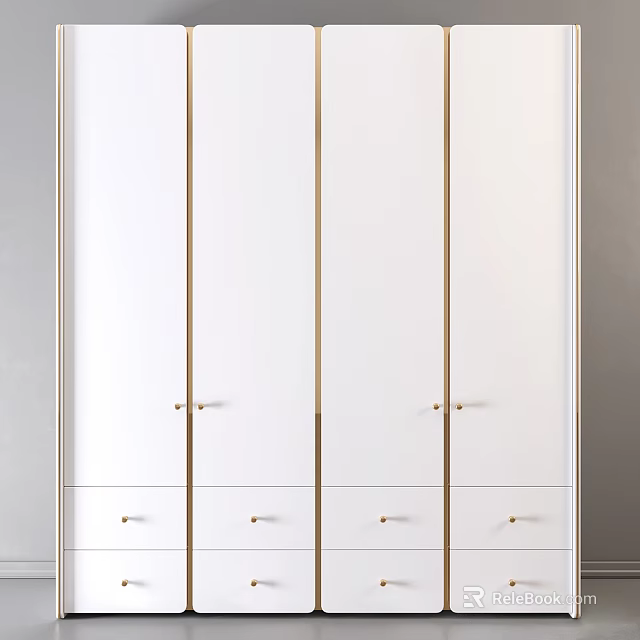 Modern White Wardrobe Design With Gold Handles And Multiple Doors Drawers 3d model 