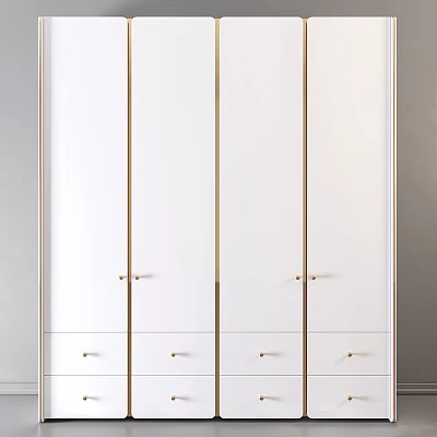 Modern White Wardrobe Design With Gold Handles And Multiple Doors Drawers 3d model