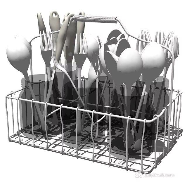 Organized Kitchen Utensils In Stainless Steel Holder With Spoons Forks And Knives 3d model 