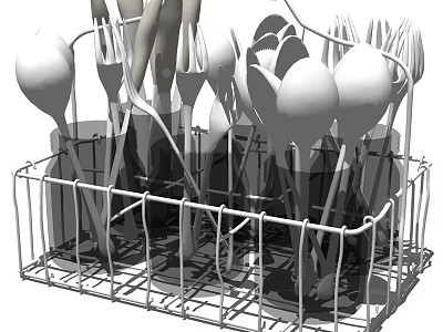 Organized Kitchen Utensils In Stainless Steel Holder With Spoons Forks And Knives 3d model
