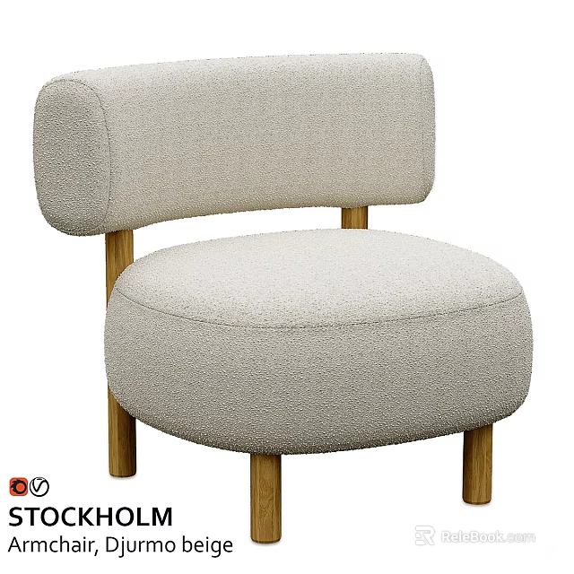 Light Gray Soft Fabric Leisure Chair With Round Backrest And Wooden Legs Design 3d model 