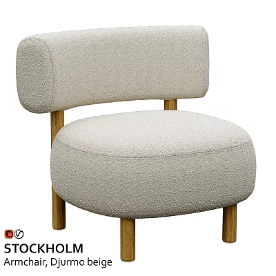 Light Gray Soft Fabric Leisure Chair With Round Backrest And Wooden Legs Design 3d model