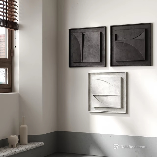 Modern Geometric Wall Decor in Dark and Light Gray Hanging on White Wall 3d model 