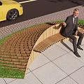 Curved Wooden Landscape Seat Design With Man Sitting On Lawn And Paved Area