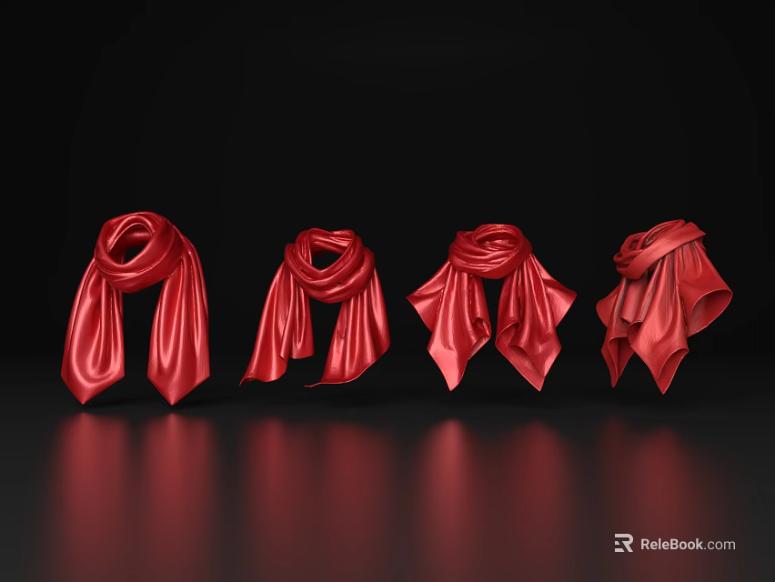 Red Silk Scarves Displayed In Four Different Tying Styles On Black Background 3d model