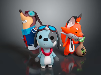 Cute Animal Shaped Plush Dolls With Sunglasses Hat Tie Red Collar And Money Bag 3d model