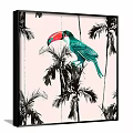 Vibrant Toucan Animal Painting with Green Feathers Red Beak and Palm Trees Wall Art