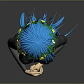 3D Character With Blue Hair Green Wreath And Black Dress Standing Against Grey Background