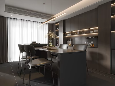 Sleek Modern Restaurant Interior With Dark Cabinets Island Counter And Pendant Lights 3d model