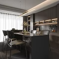 Sleek Modern Restaurant Interior With Dark Cabinets Island Counter And Pendant Lights