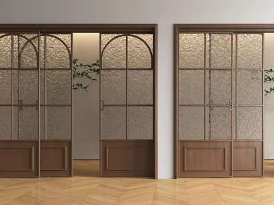 Wooden Frame Sliding Doors With Patterned Glass In Indoor Space And Wooden Floor 3d model