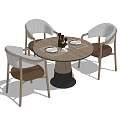Round Dining Table Set with Light Gray Upholstered Chairs and Dinnerware 3d model