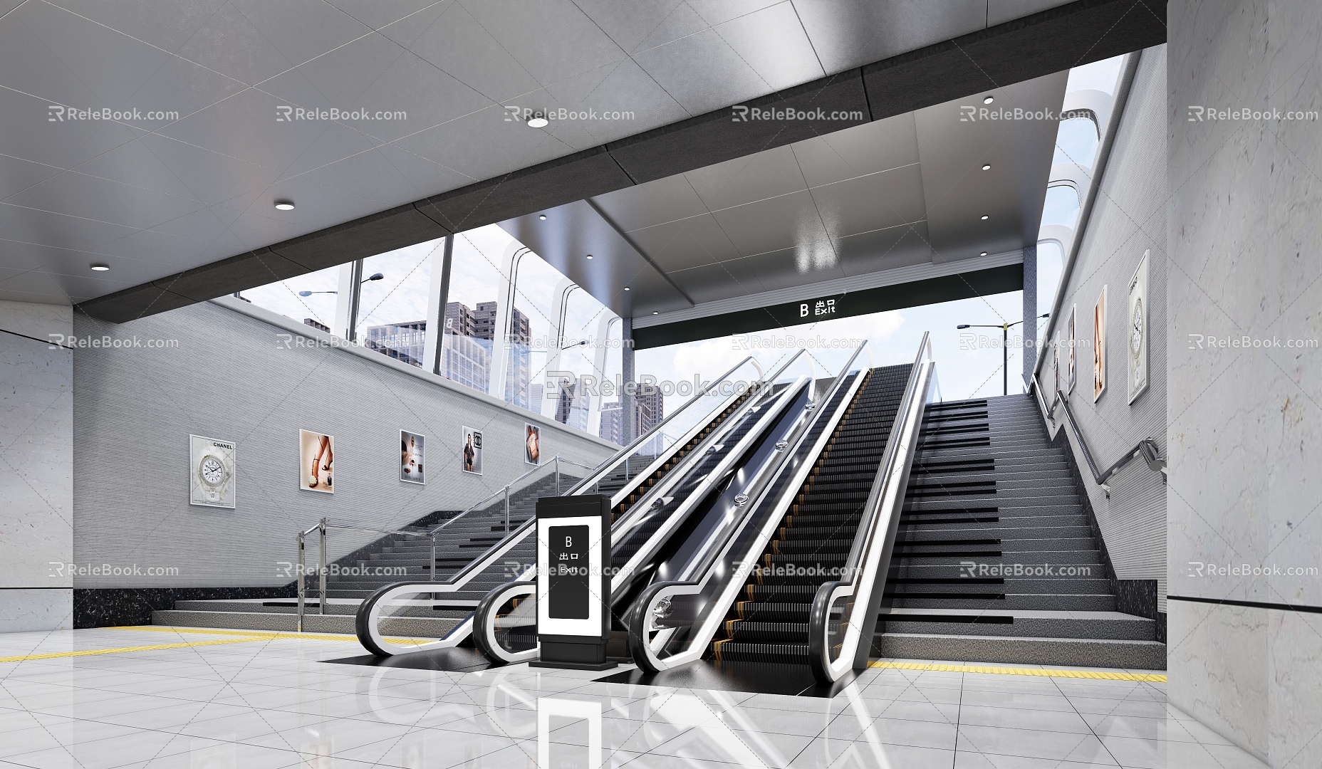 Modern subway station subway entrance escalator 3d model